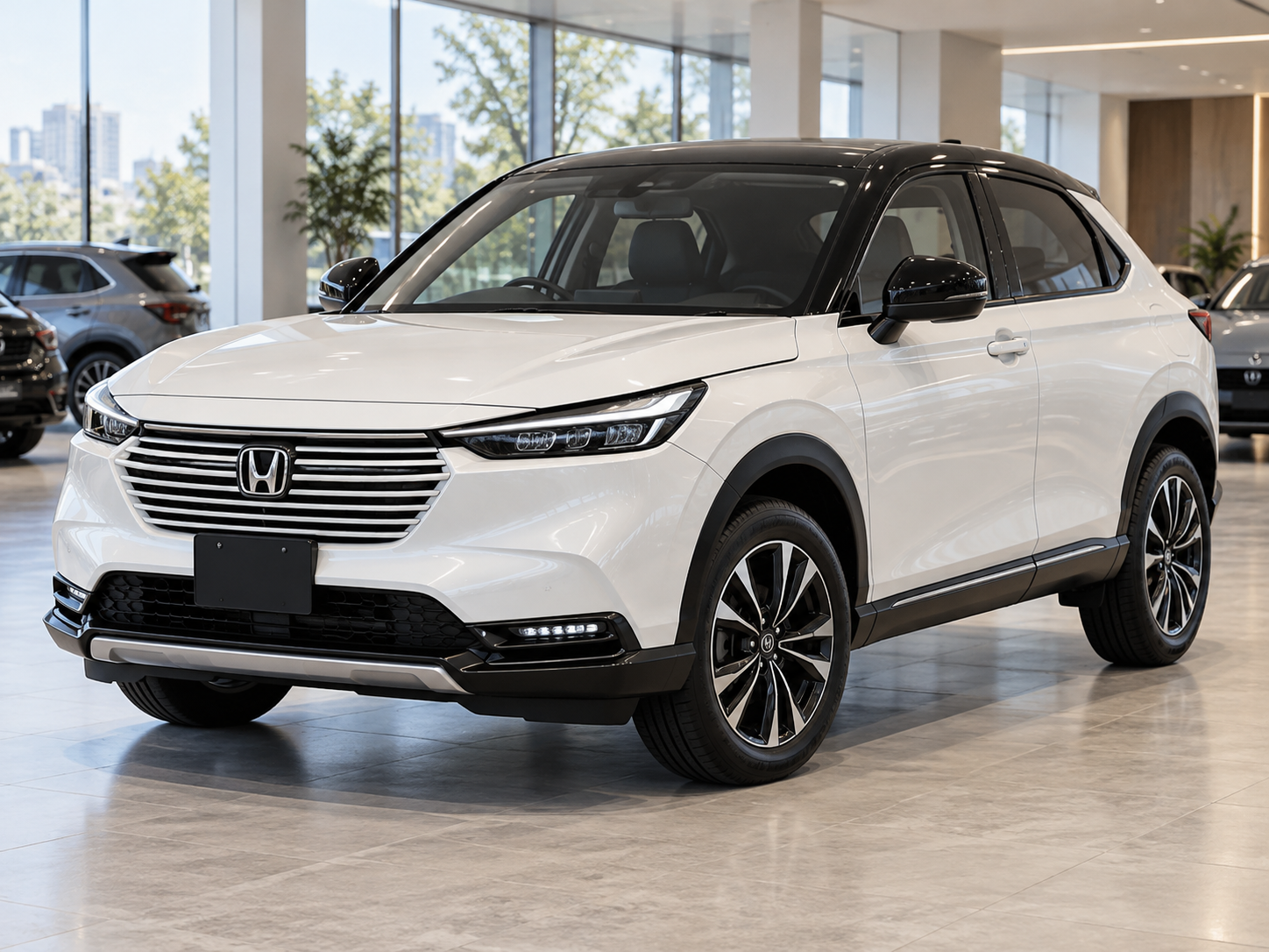 White Honda Vezel in a bright showroom